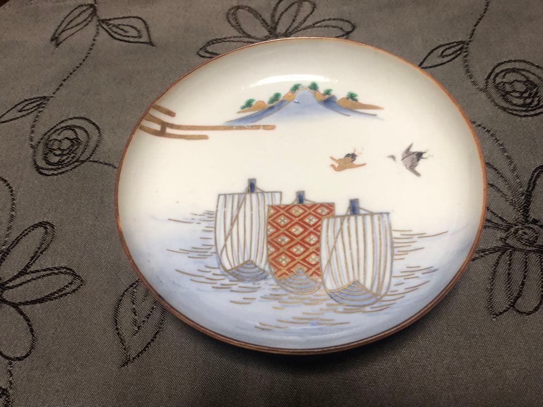 江戸明治時代色絵皿 帆掛船