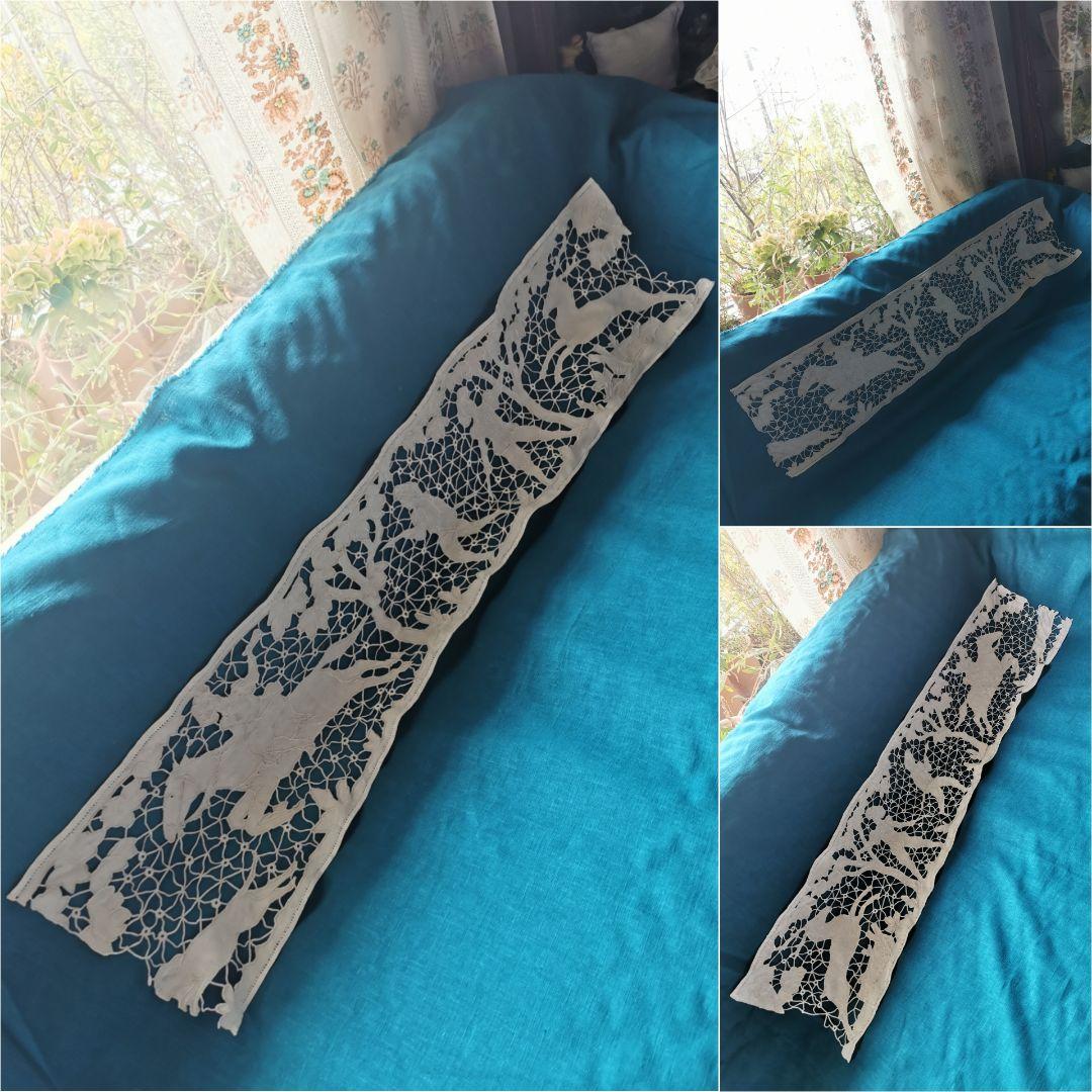 アンティーク フランス 狩猟の光景 鹿・騎馬者・犬 カットワーク リネンクロス