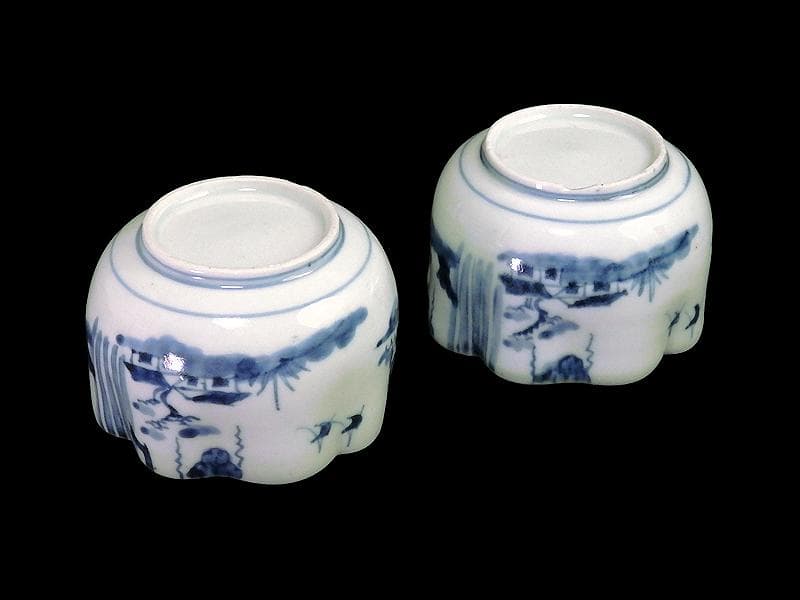 古伊万里　染付　山水の図　変形向付　２客　B072AS-fbvb