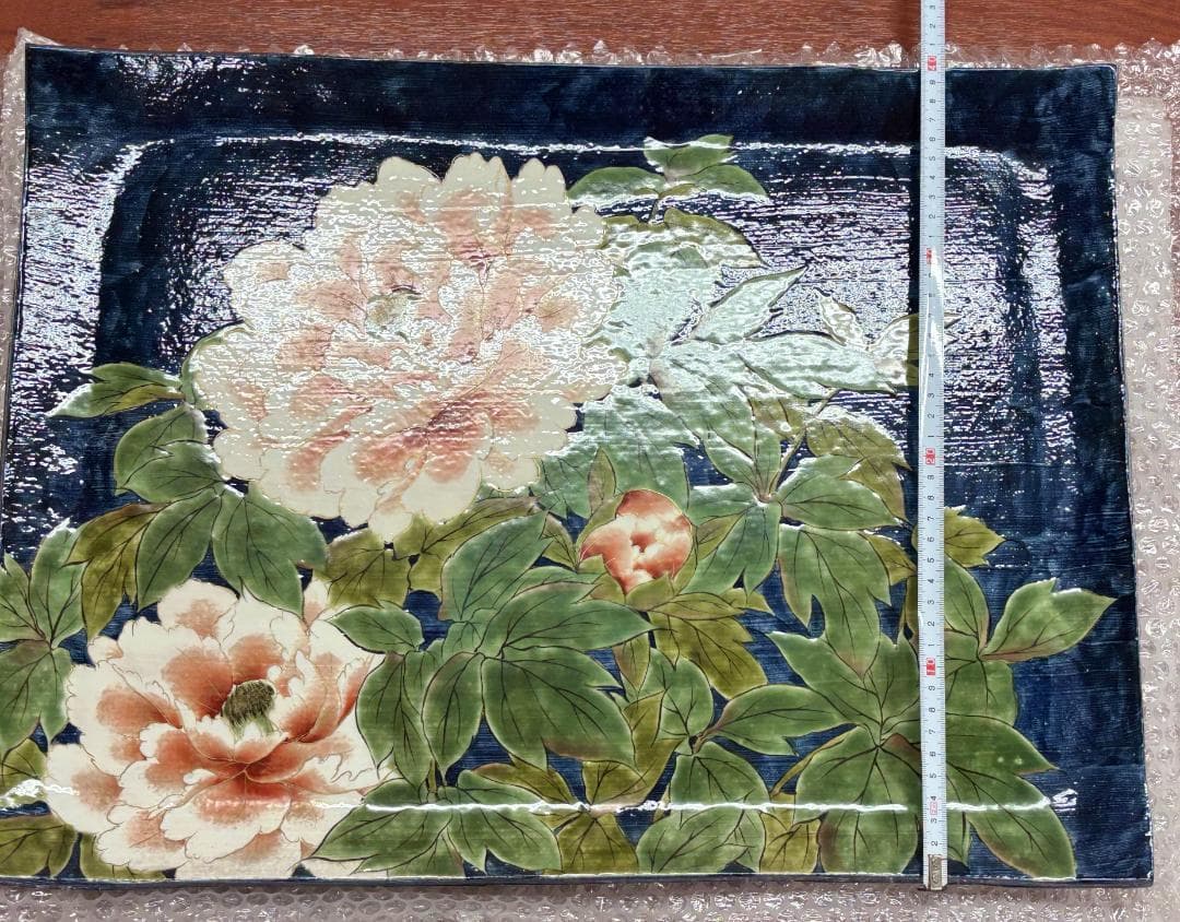 牡丹【一点物】京焼 清水焼 陶あん 色絵付け 飾り皿 約40cm×54cm 大皿