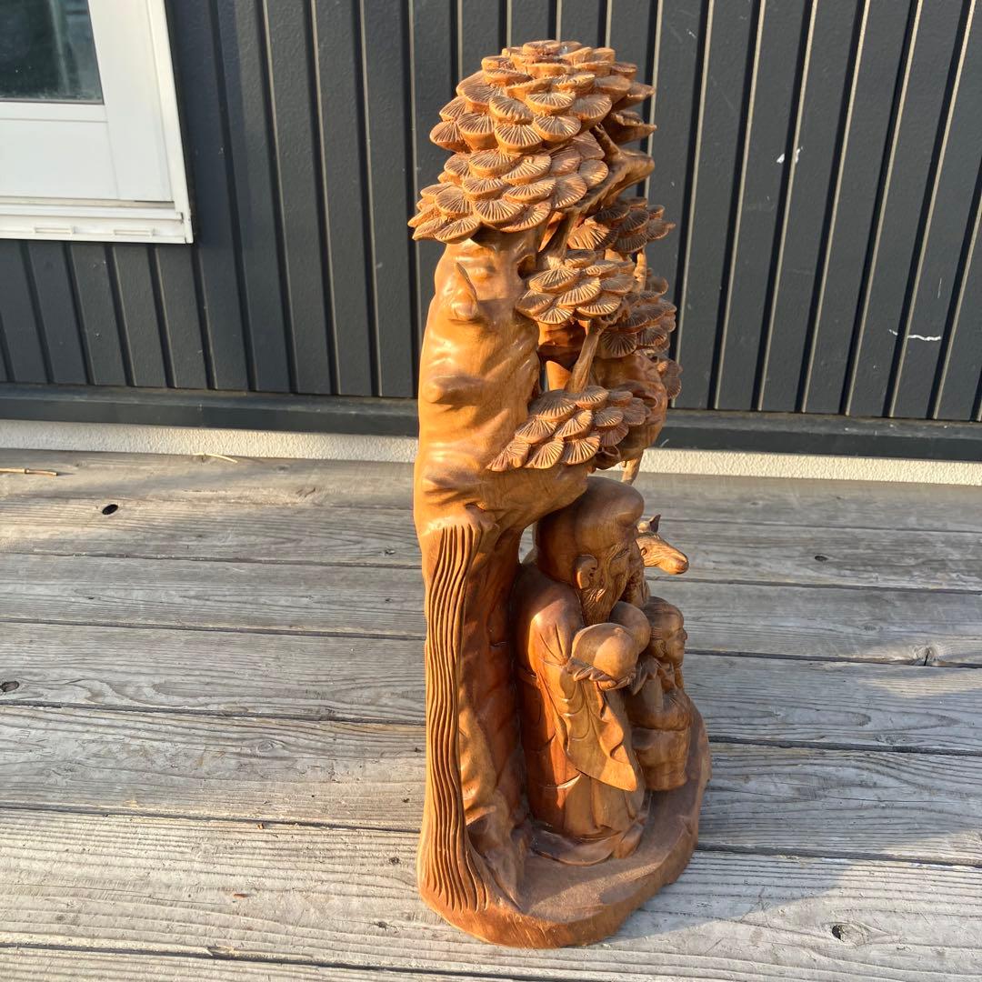 昭和レトロ 天然木 一刀彫 極上彫 七福神 寿老人 鹿 大型 置物 オブジェ