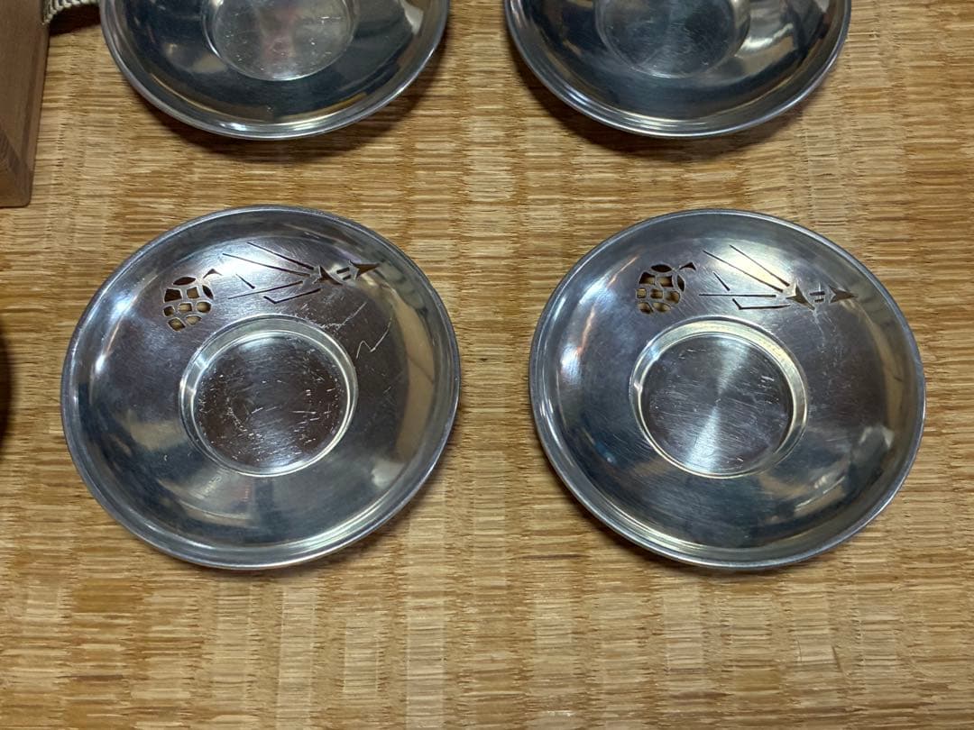 錫製 精課堂造 透かし 圓式茶托 五客 共箱