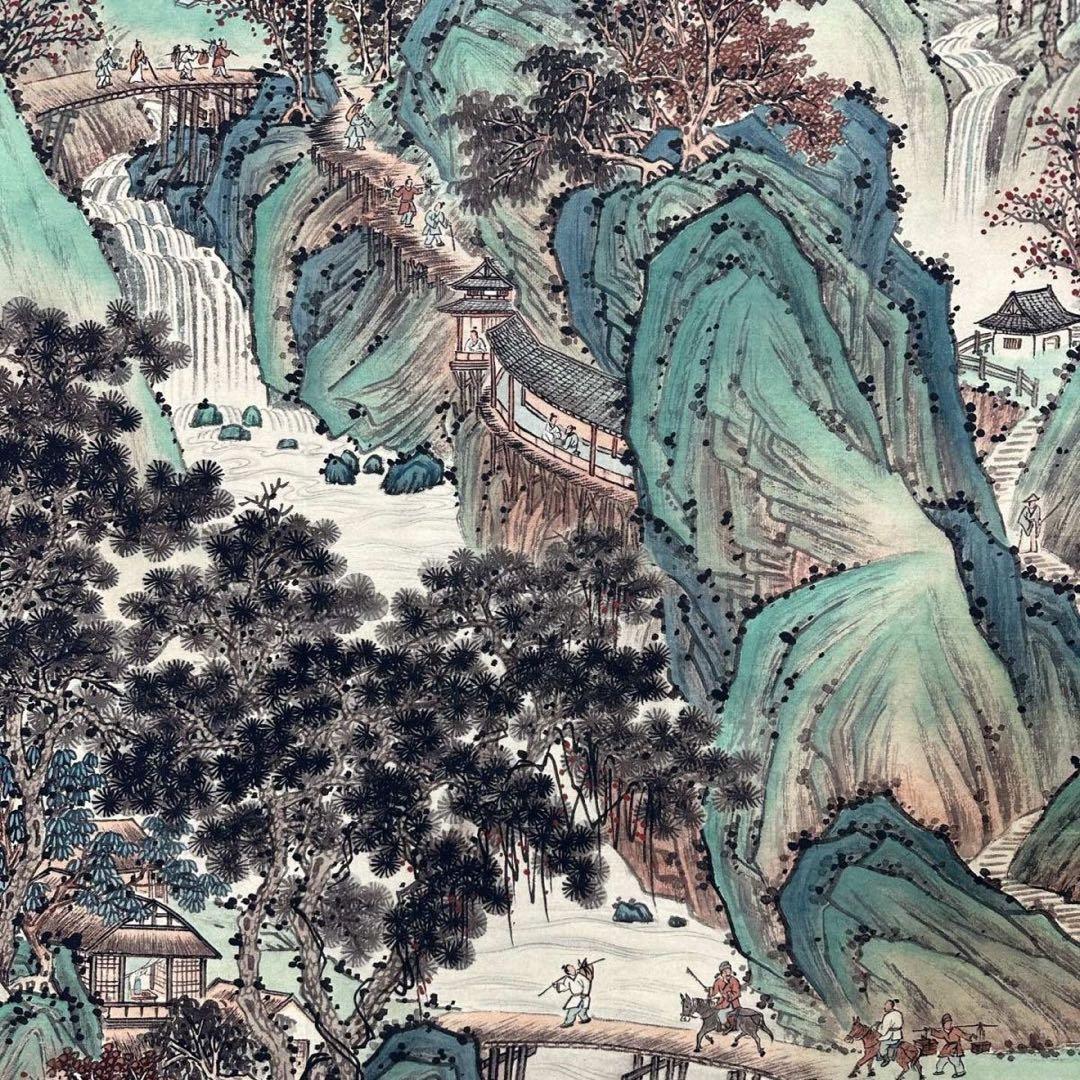 三尺中堂 中国近代 山水画 青緑山水図 掛け軸 張大千