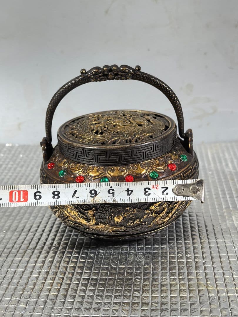 銅手炉　手焙り　香炉　銅暖手炉　龍鳳呈祥透彫火屋　提手銅炉