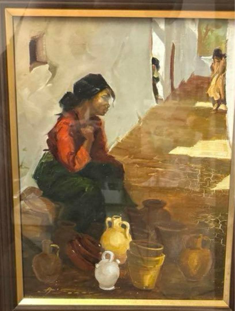 FARRE 油彩画 女性と陶器 木製フレーム