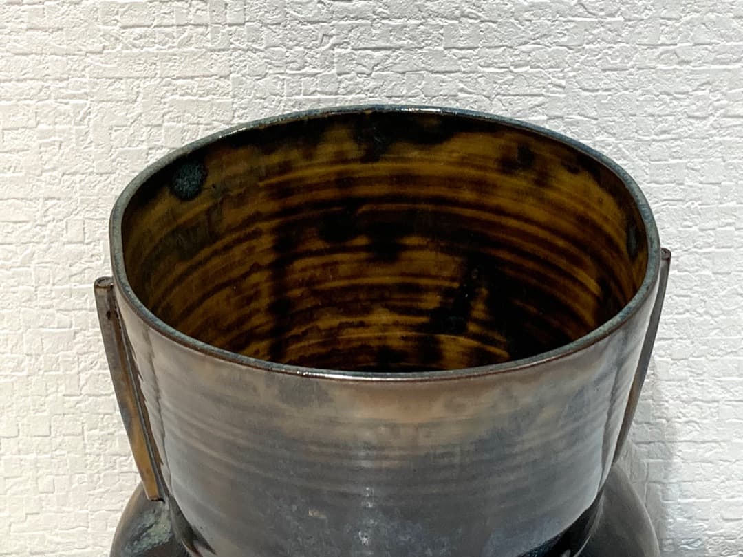 480-158【十四代　亀井味楽　高取　耳付水指】堀内宗完書付　アンコウ形　水差