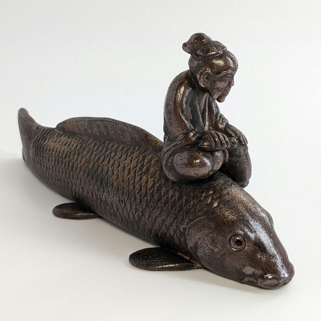 木村陶峰 備前焼 鯉仙人置物 琴高仙人 細工物 魚 縁起物 工芸品 インテリア