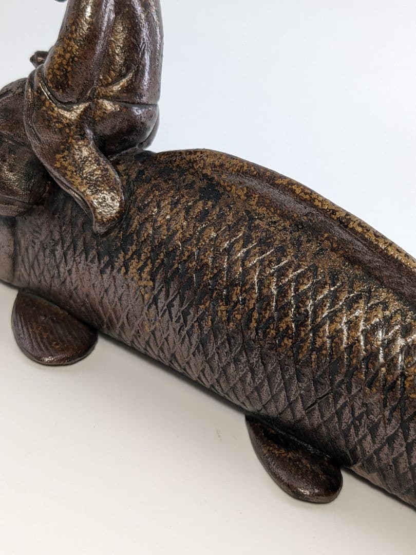 木村陶峰 備前焼 鯉仙人置物 琴高仙人 細工物 魚 縁起物 工芸品 インテリア