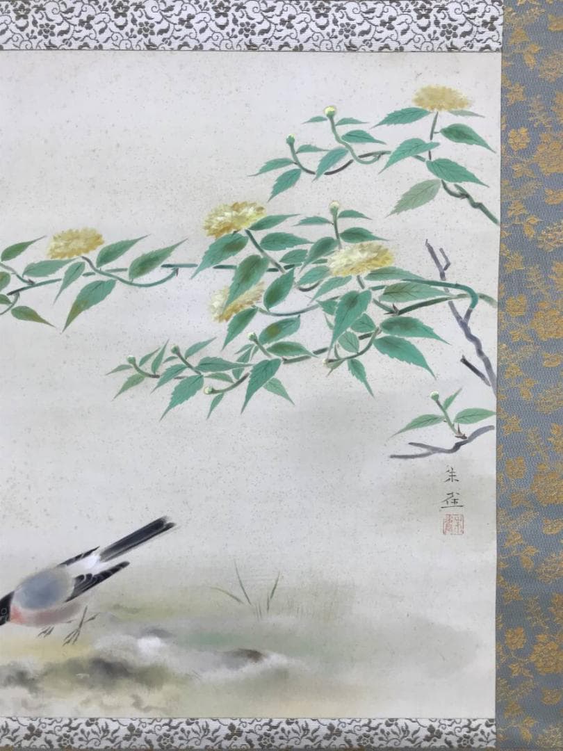 真作/楳崎朱雀/花鳥図/閑庭小禽図/掛軸☆宝船☆AH-683