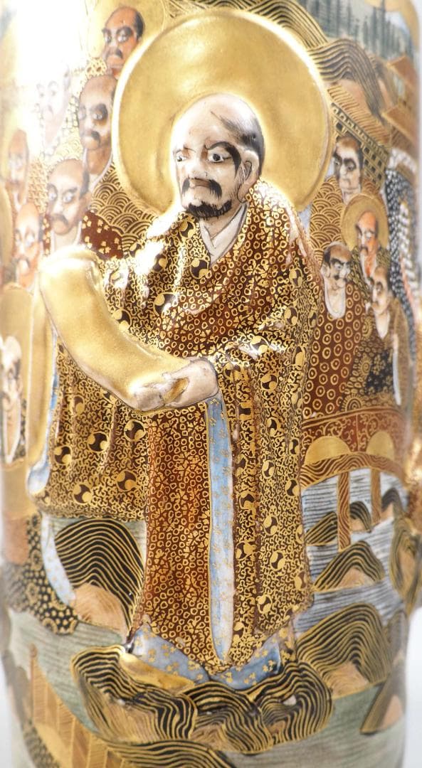 薩摩焼神戸大日本長州山　高浮彫羅漢　龍女　底部に在銘　明治輸出　里帰り