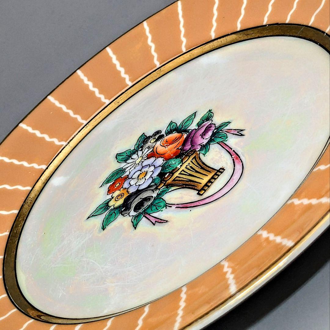 オールドノリタケ アールデコ期大銘品！金彩虹ラスター花籠絵図キャビネット トリオ