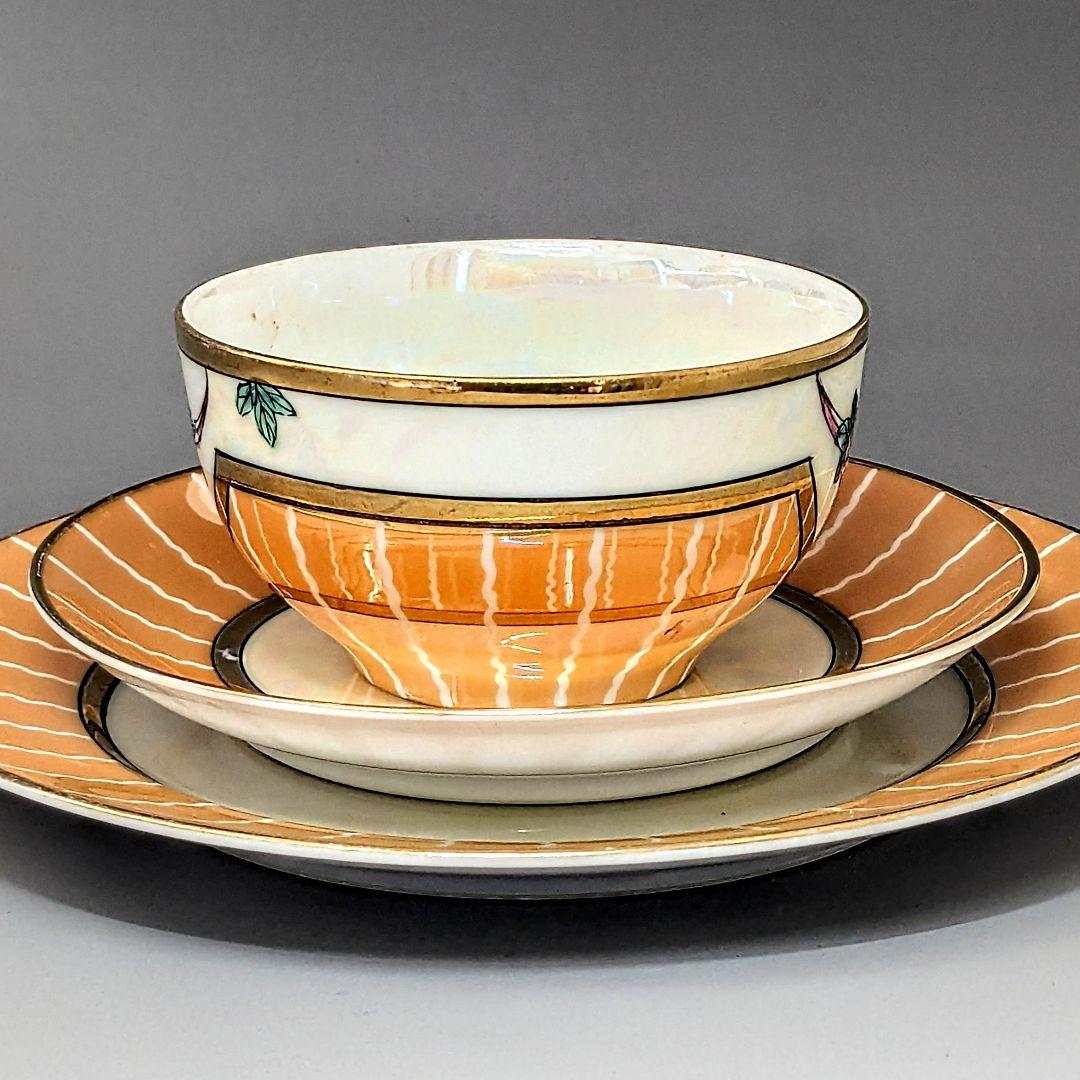 オールドノリタケ アールデコ期大銘品！金彩虹ラスター花籠絵図キャビネット トリオ