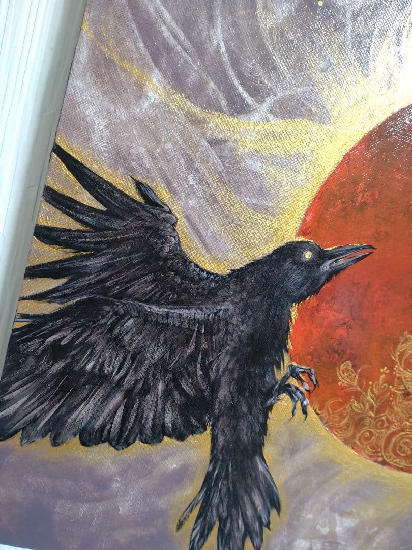 カラスの油絵◆1点物絵画◆アイヌ模様/パワーアート/真作/作者サイン入り