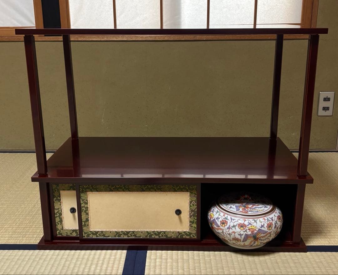 【中古品】平安光入造　組立式　紹鴎棚　平安景雲造　赤絵鳳凰唐草文水指（共箱）
