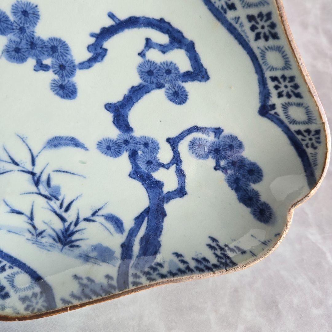 古伊万里　型紙摺　隅入菱皿　江戸時代　染付　変形皿　金直し　金継ぎ　アンティーク