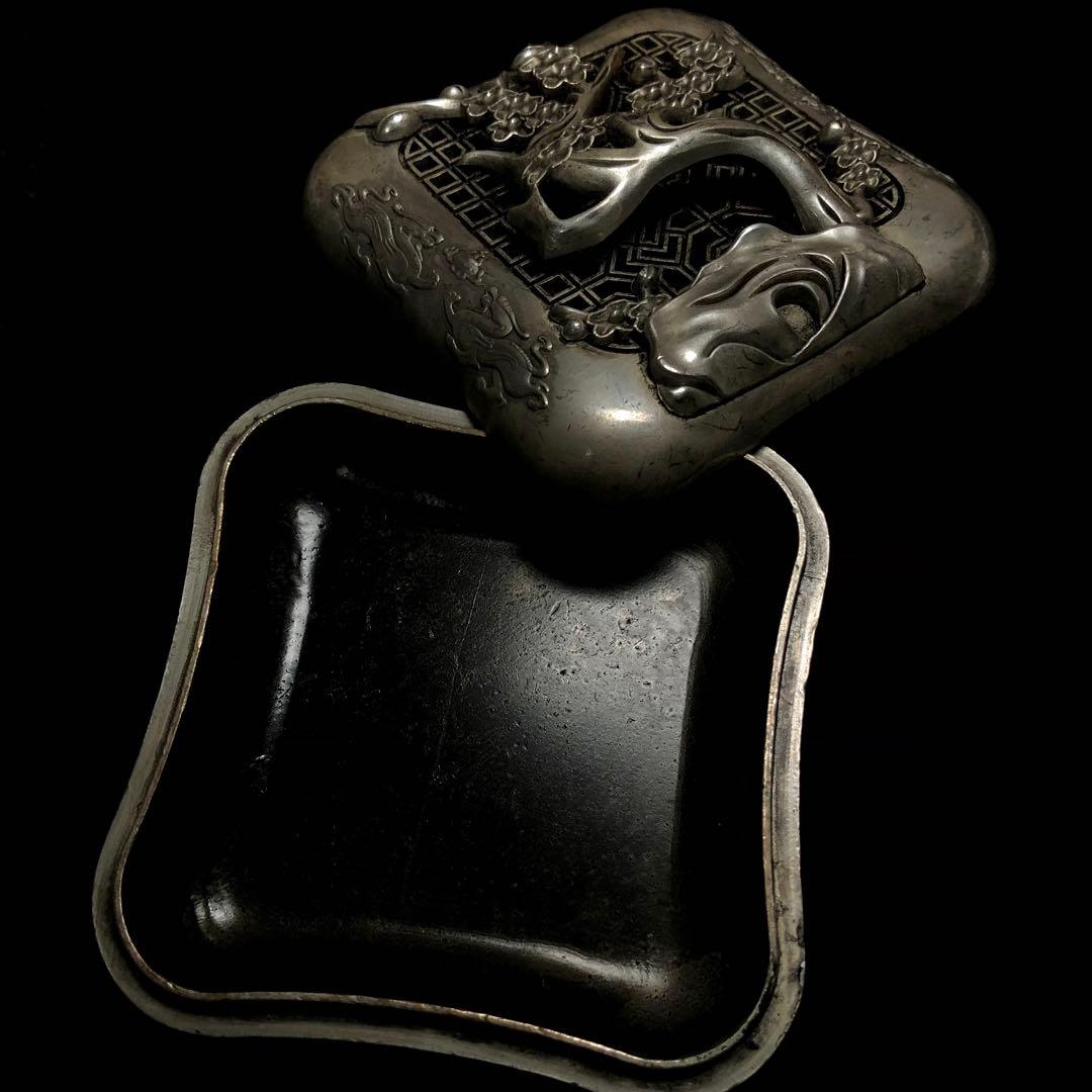 古美術　清国　宣德年 硯　梅花の彫刻　雙龍戲珠　トラス　硯　書道　文鎮　時代物