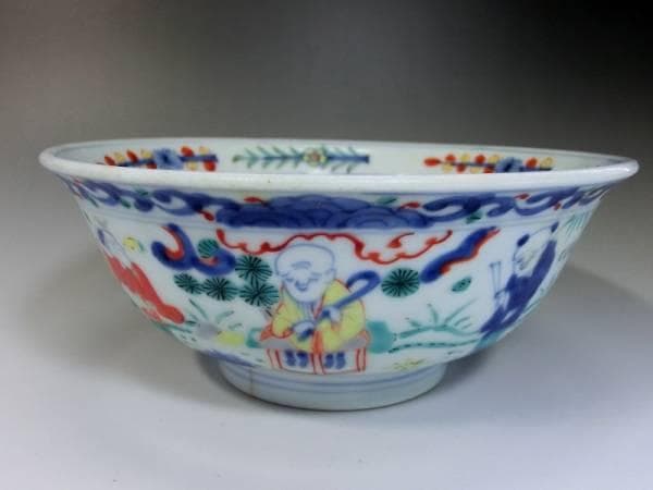 大鉢■太明成化年製銘 のぞき赤龍紋 人物 唐草 古玩 唐物 時代物 骨董品■