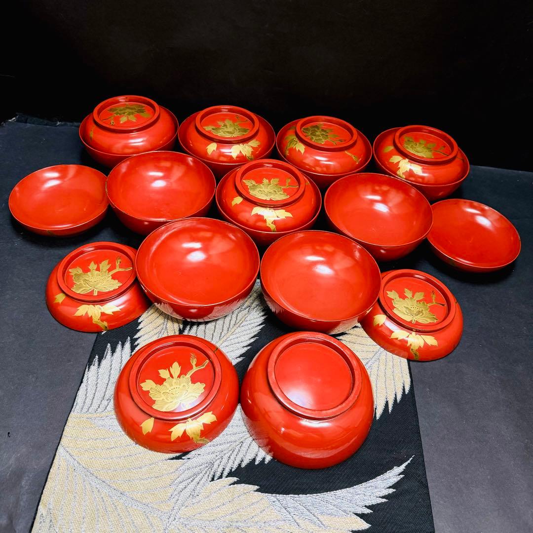 漆器　輪島塗　木製　蒔絵　溜塗　蓋付椀　吸物椀　汁椀　10客　時代物