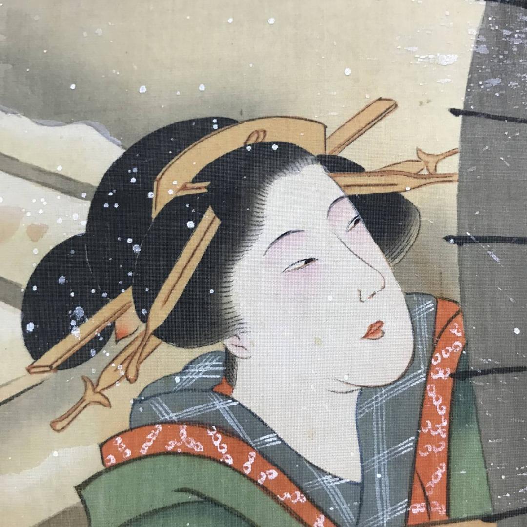 【真作】菊川英泉/雪中美人屋形舟図/美人図/浮世絵/掛軸/名家伝来/AD-45