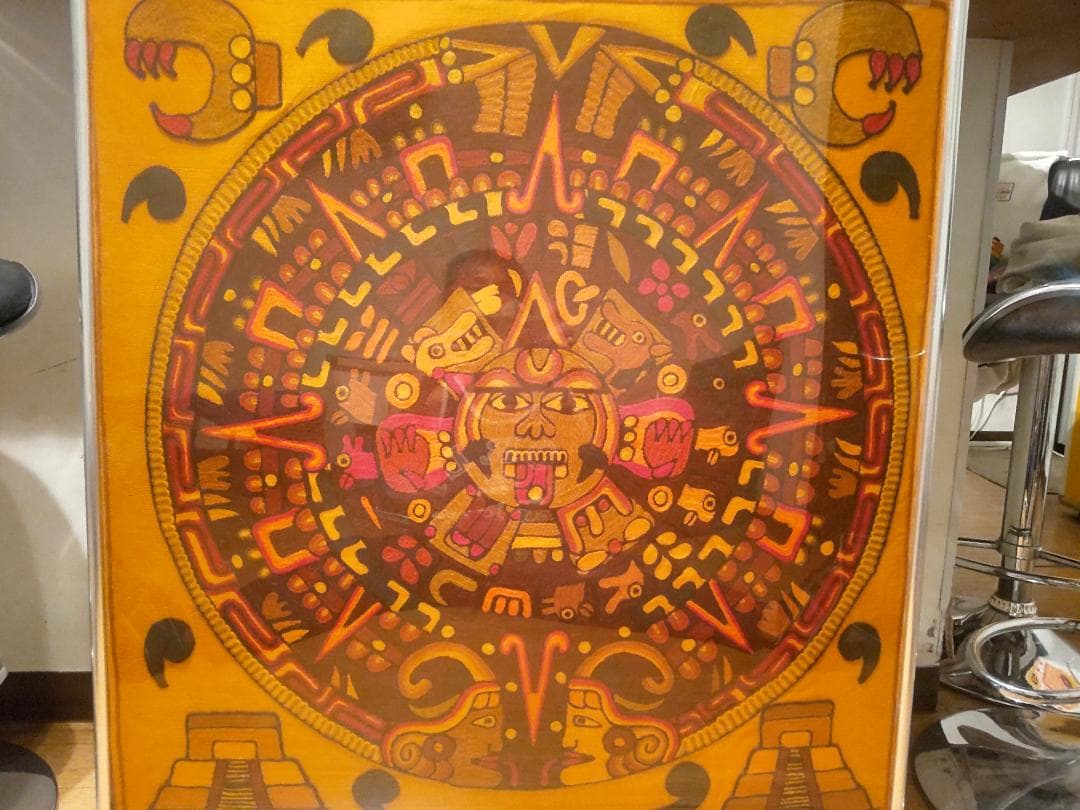 レトロ★メキシコ製品 当時物 世界遺産 マヤ文明 太陽の石 刺繍 装飾品 飾り物