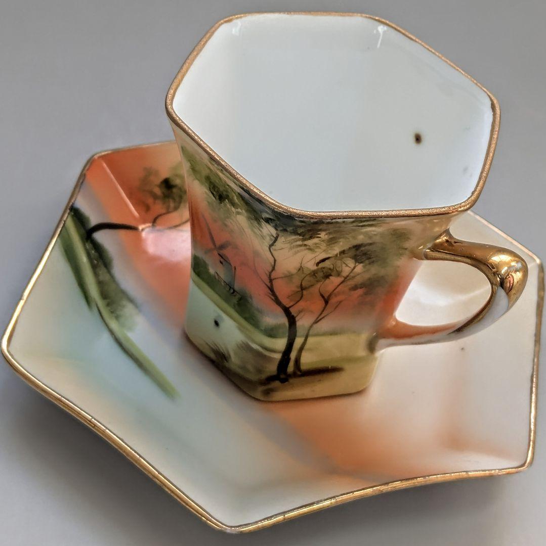 オールドノリタケ 金彩湖畔風景図　六角形ヘキサゴン　キャビネットカップ＆ソーサー