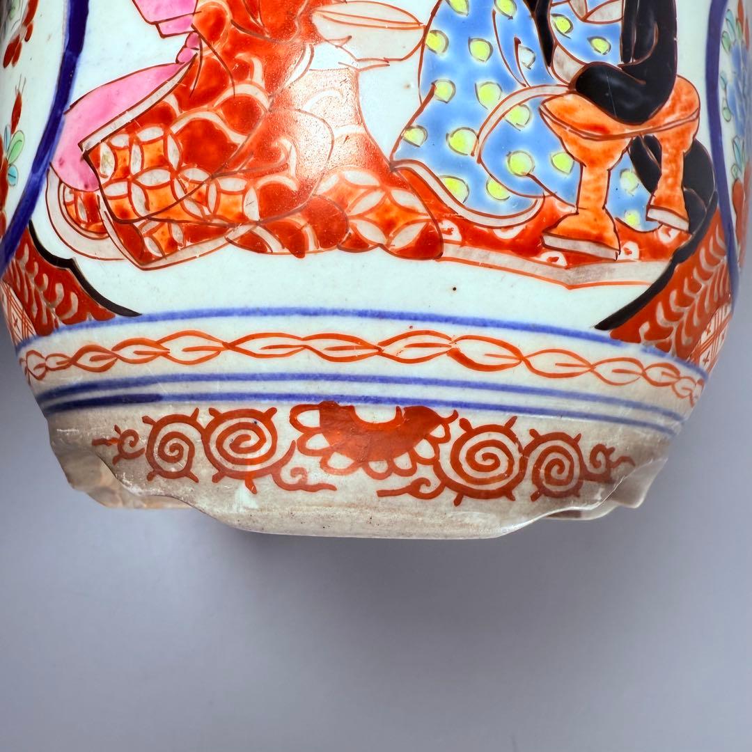 明治～大正期　輸出向　有田焼　色絵人物図　窓絵　アンティーク　植木鉢