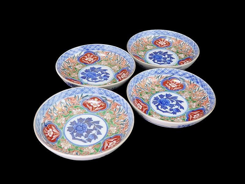 大聖寺伊万里　色絵　花鳥紋の図　４寸皿　４客　A541AS-CVu