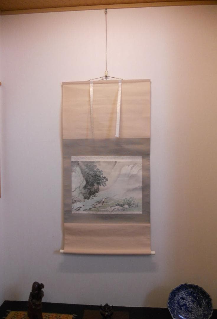 掛け軸 川合玉堂 釣人山水 紙本 名品 複製 希少 軸装 茶道具 掛軸 美品