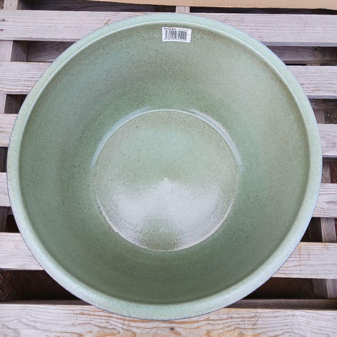 新品　特大　∅50　陶器　睡蓮鉢　メダカ鉢　ヒスイグリーン　手造　青＆緑　LLB