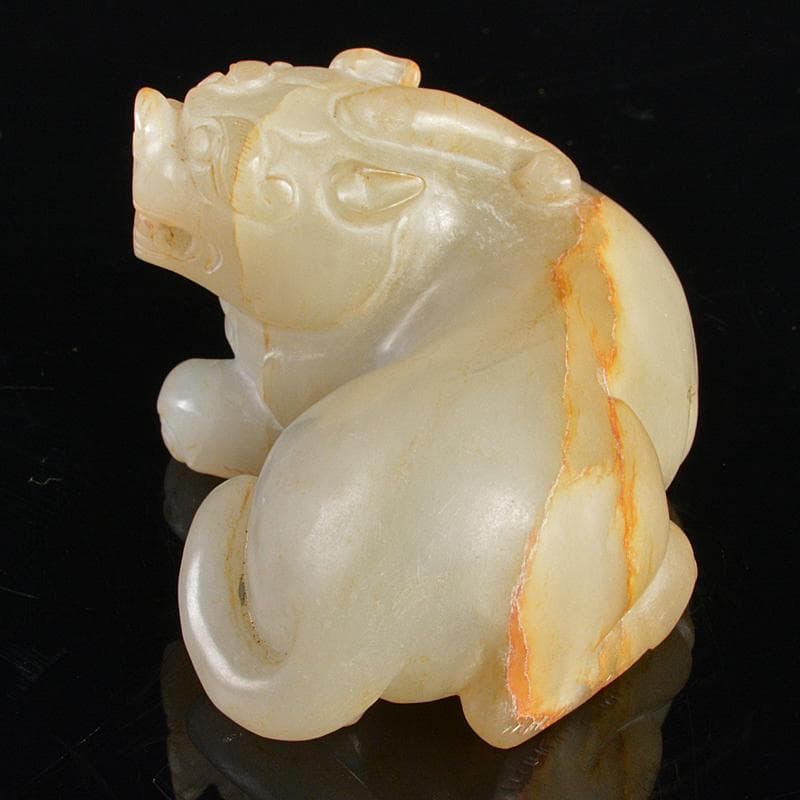 中国　玉石白玉彫刻　神獣　紙鎮　置物　C　R5393