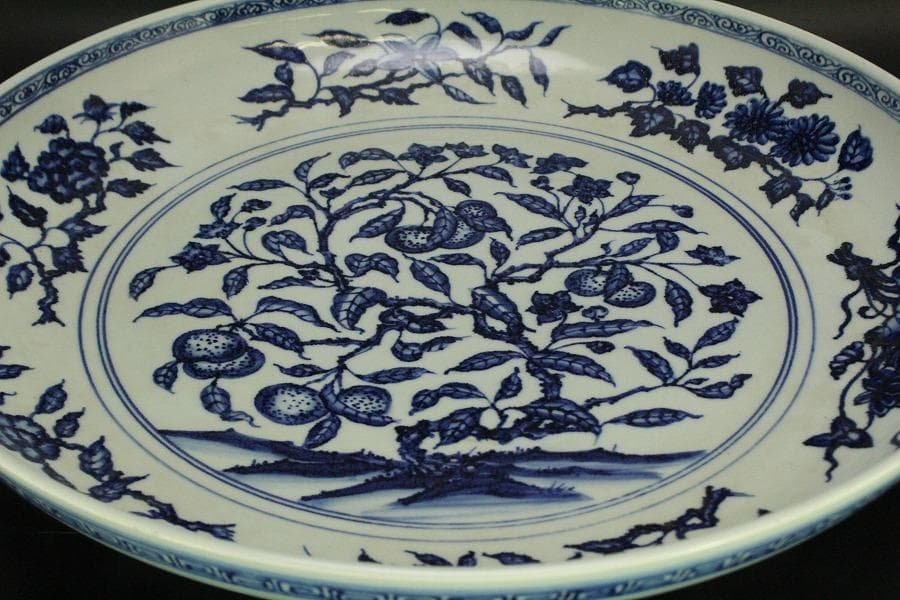 中国美術 青花 枝果紋 皿 φ42.3cm(BB509)
