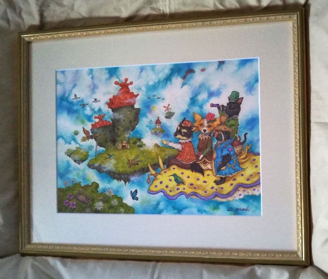 特別価格★【原画】『ウミウシに乗って』（風景画　空の絵　チワワ　黒猫　手描き）