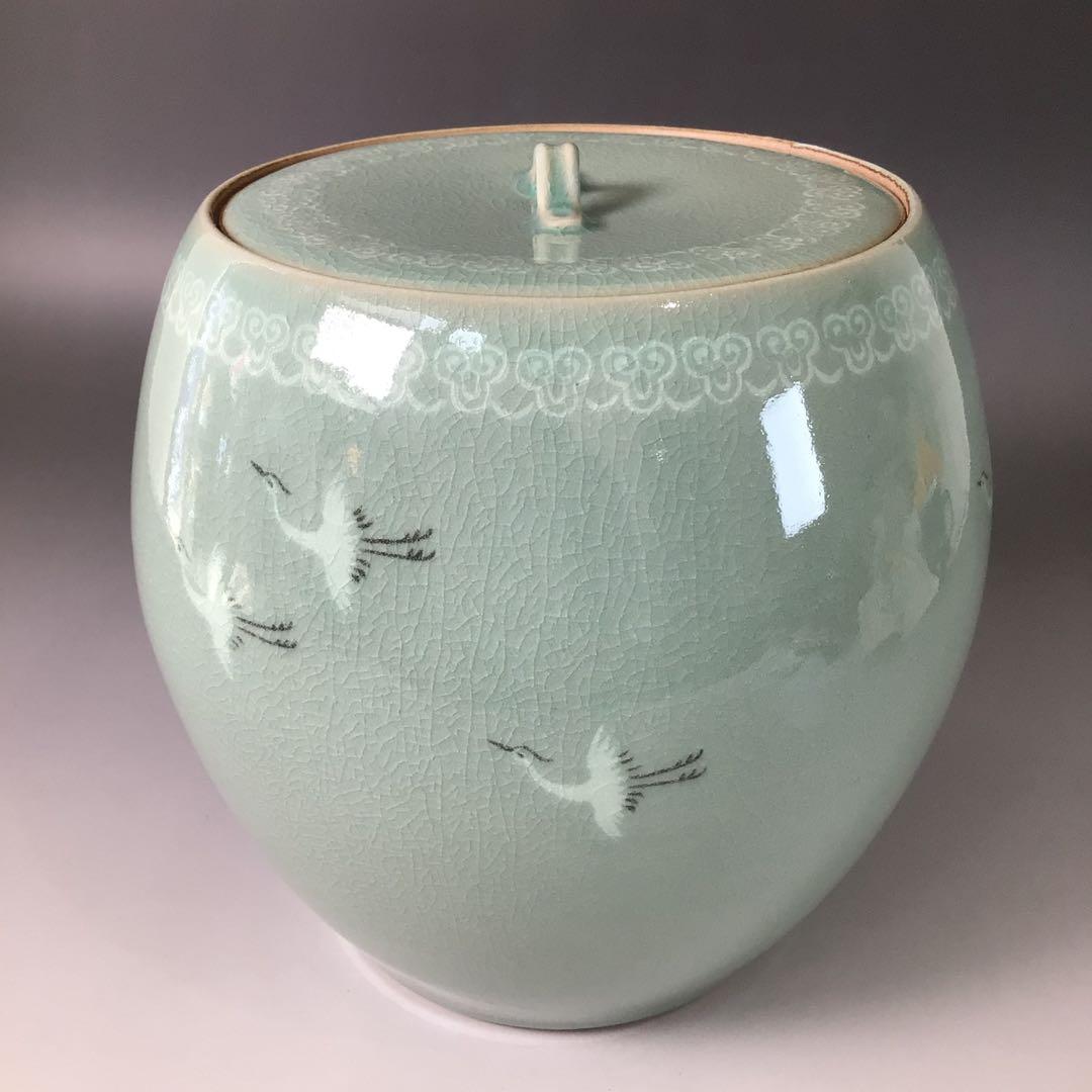 Ｒ９７６　水指　『如泉窯　李連休造』『雲鶴文』『高麗青磁水指』　共箱　茶道具