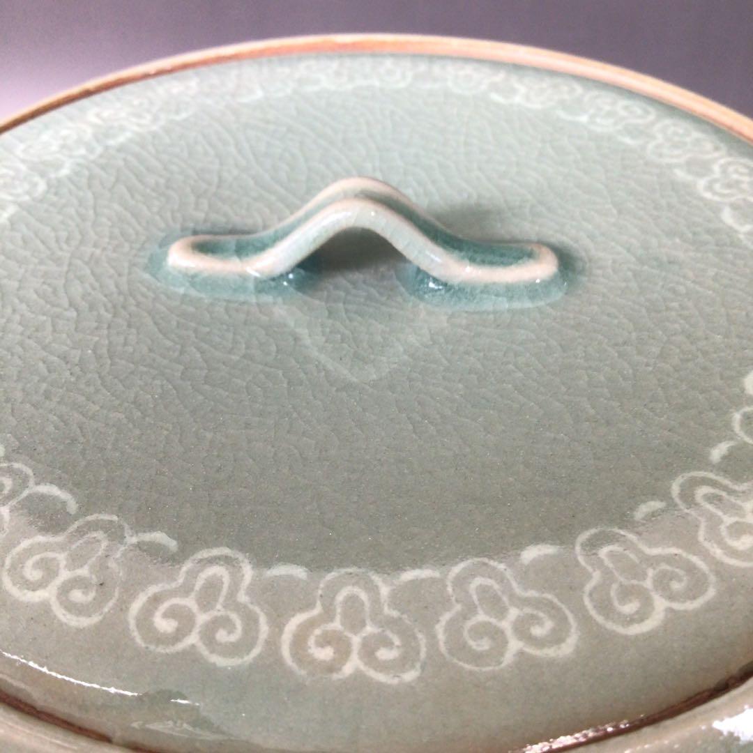 Ｒ９７６　水指　『如泉窯　李連休造』『雲鶴文』『高麗青磁水指』　共箱　茶道具