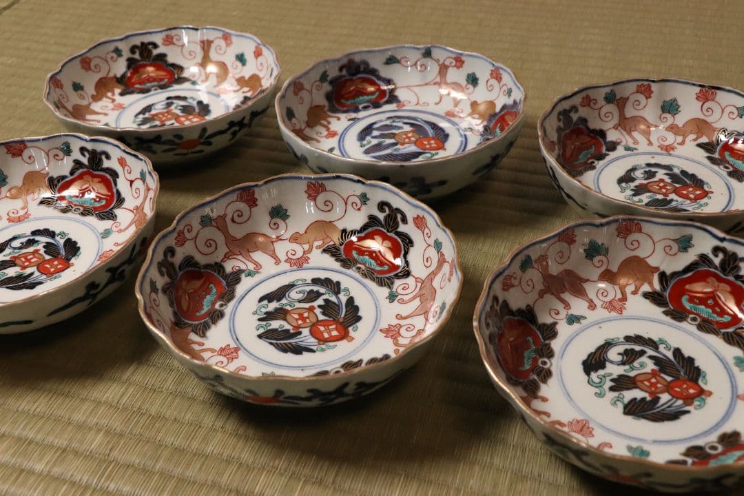 冨貴長春 古伊万里 花唐草獣図 色絵 なます皿 六客 中皿 鉢 錦手【CM12】