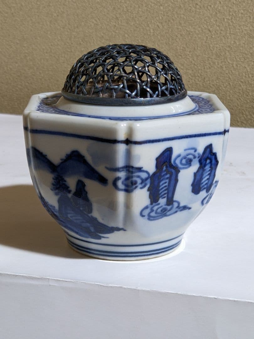 ⭐希少遺品少数 高橋道八造 江戸時代 染付山水帆掛け舟文 銀火屋 香炉 骨董品