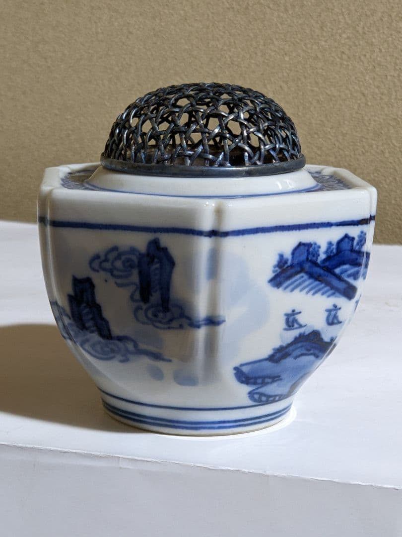 ⭐希少遺品少数 高橋道八造 江戸時代 染付山水帆掛け舟文 銀火屋 香炉 骨董品