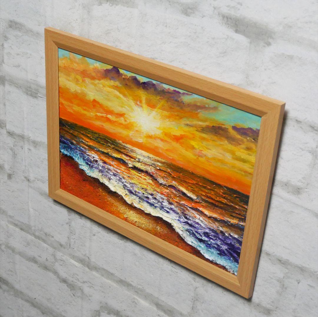 油絵 油彩 油彩画 絵 絵画【夕日に染まる海】A4