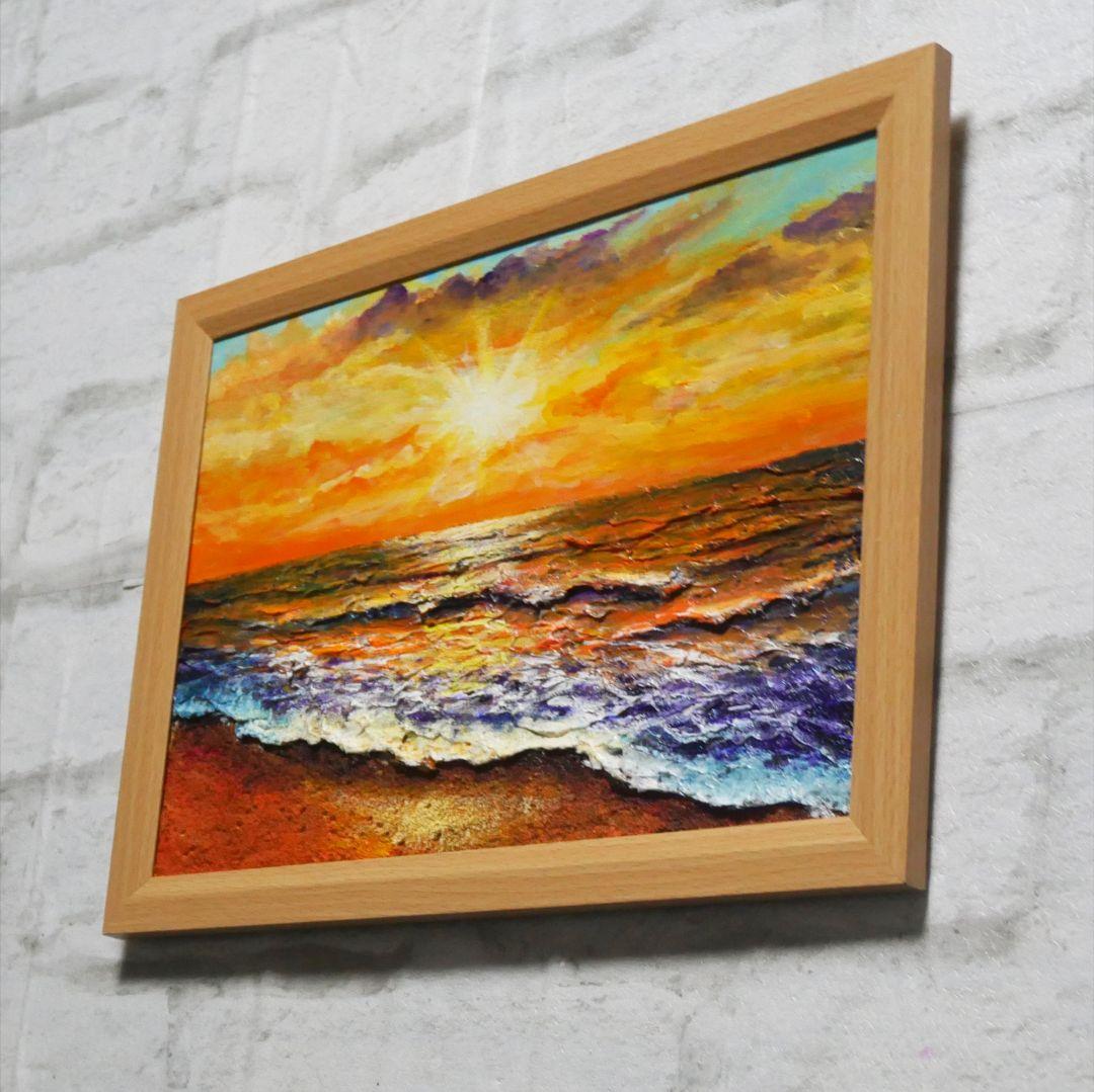 油絵 油彩 油彩画 絵 絵画【夕日に染まる海】A4
