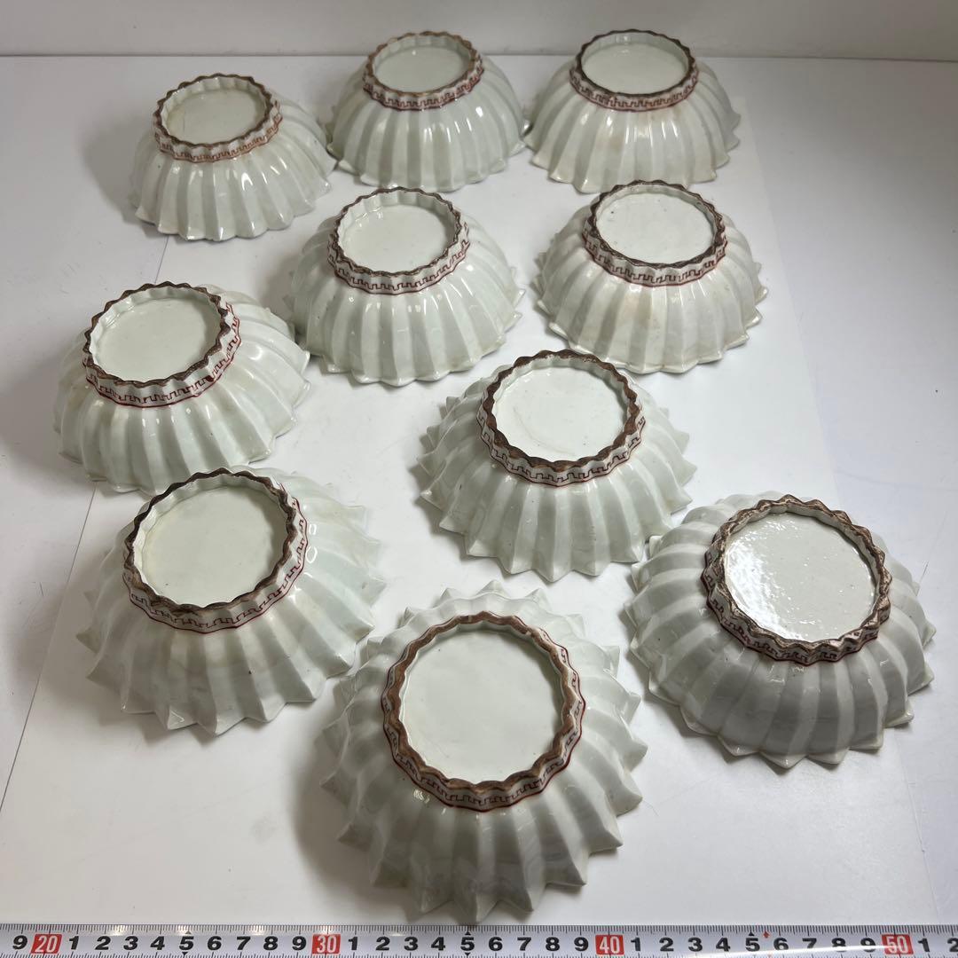 江戸中後期古伊万里赤絵花図　ギザギザ向付10客　木箱付　幅約12.7㎝　トトオサ