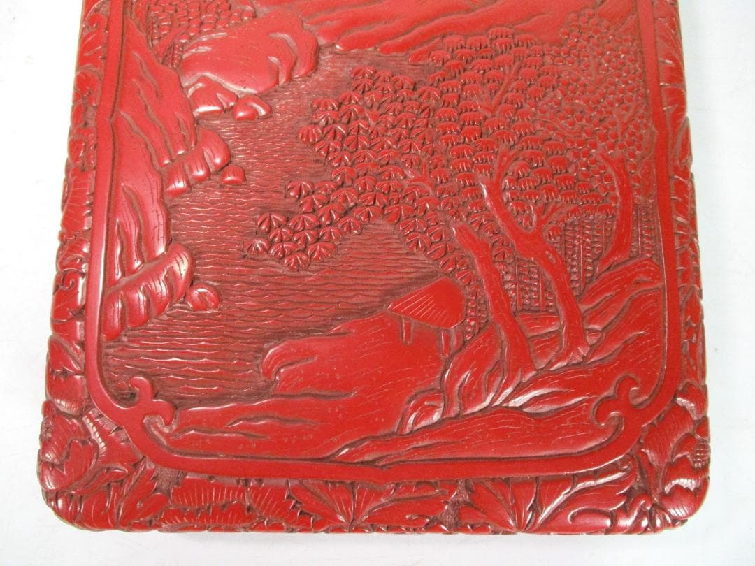 堆朱　漆器　山水図　文庫　文箱　硯箱　木製　緻密彫刻　文房具　中国美術　時代物