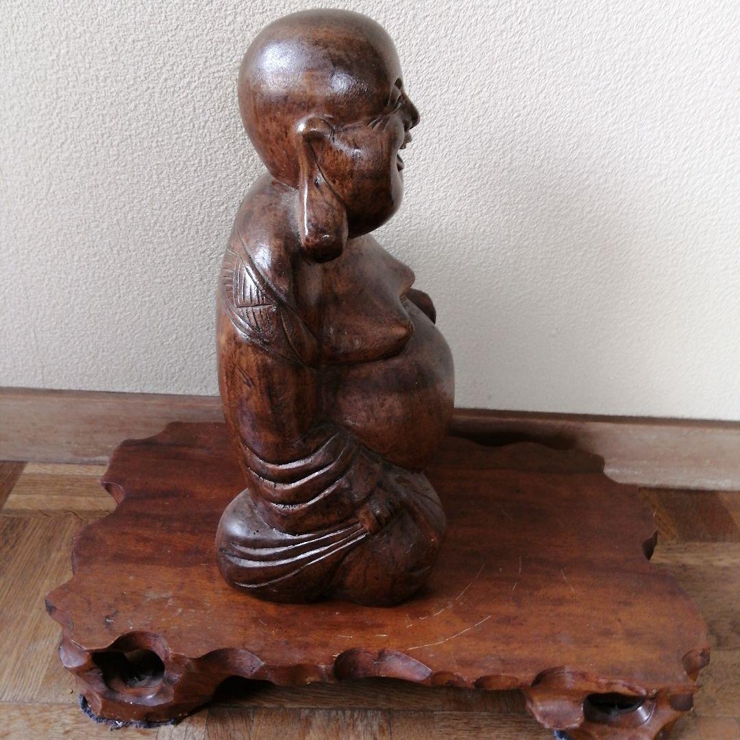 木彫り　縁起布袋　台