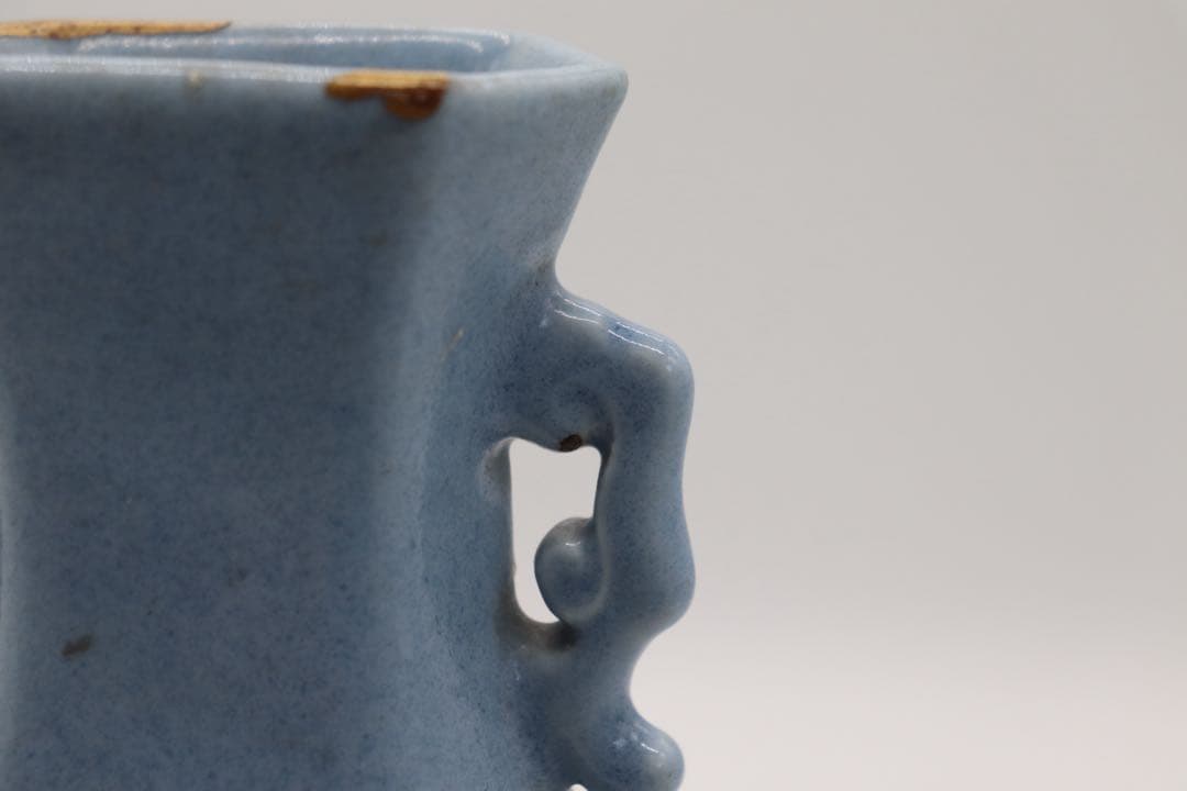 中国　清時代　天青釉雙耳瓶　木箱付　送料込み250520