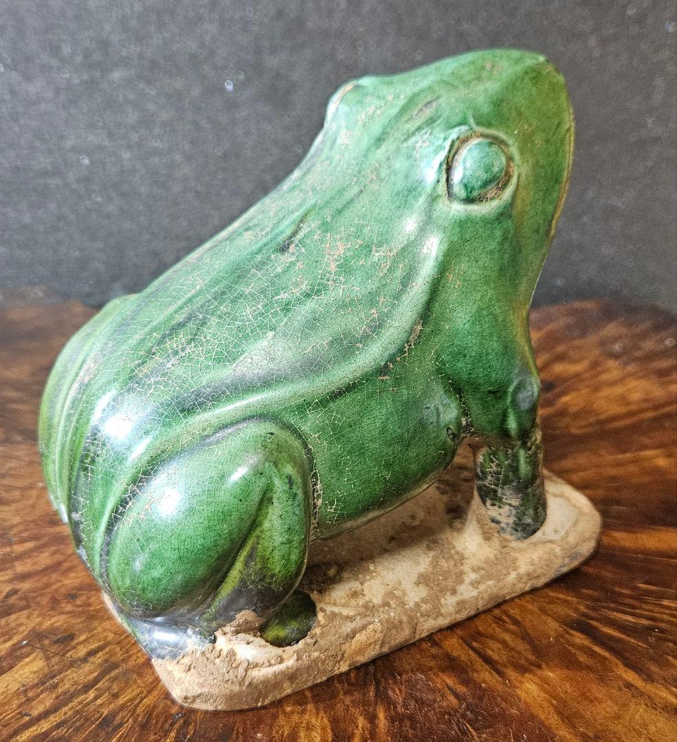 時代古作品❗】希少品❗】古代中国　漢～遼時代頃　緑釉　蛙形俑　よう　発掘品　置物