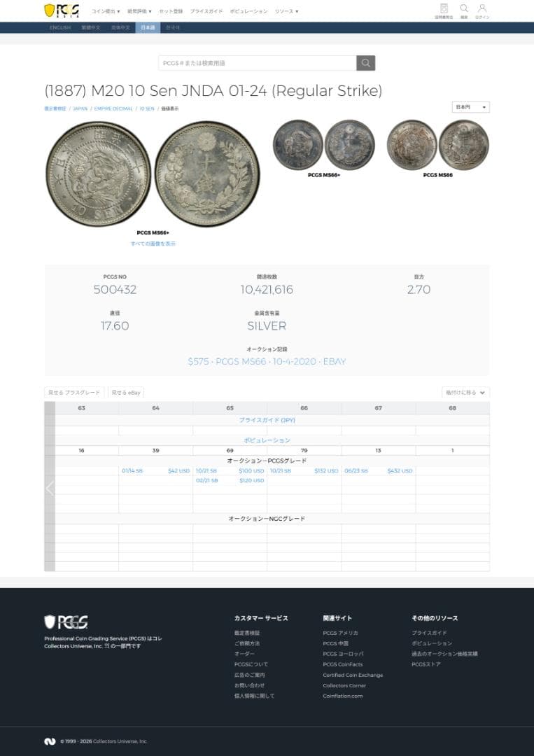 美品　PCGS-MS63 竜十銭 銀貨 明治20年（1887）