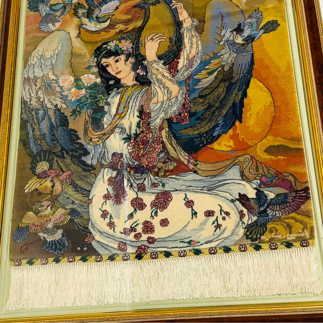 中国美術 手織り シルク 段通 緞通 天女 手織り絨毯 飾り 額付き 骨董