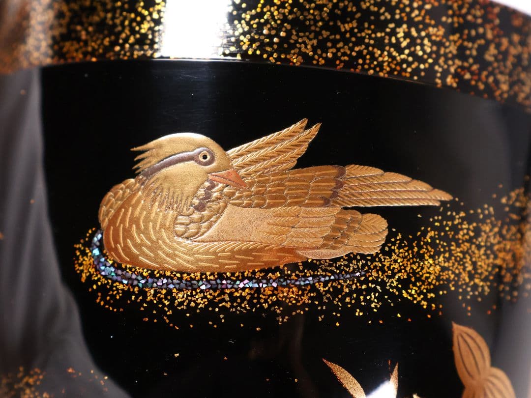 加賀蒔絵 福嶋一恵 鴛鴦蒔絵 大棗 梨地 鵬雲斎書付 共箱 螺鈿【MA916】