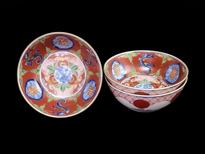 大聖寺伊万里　色絵　鶴に龍　赤玉丸紋の図　春寒鉢　３客　D932AS-fbpw