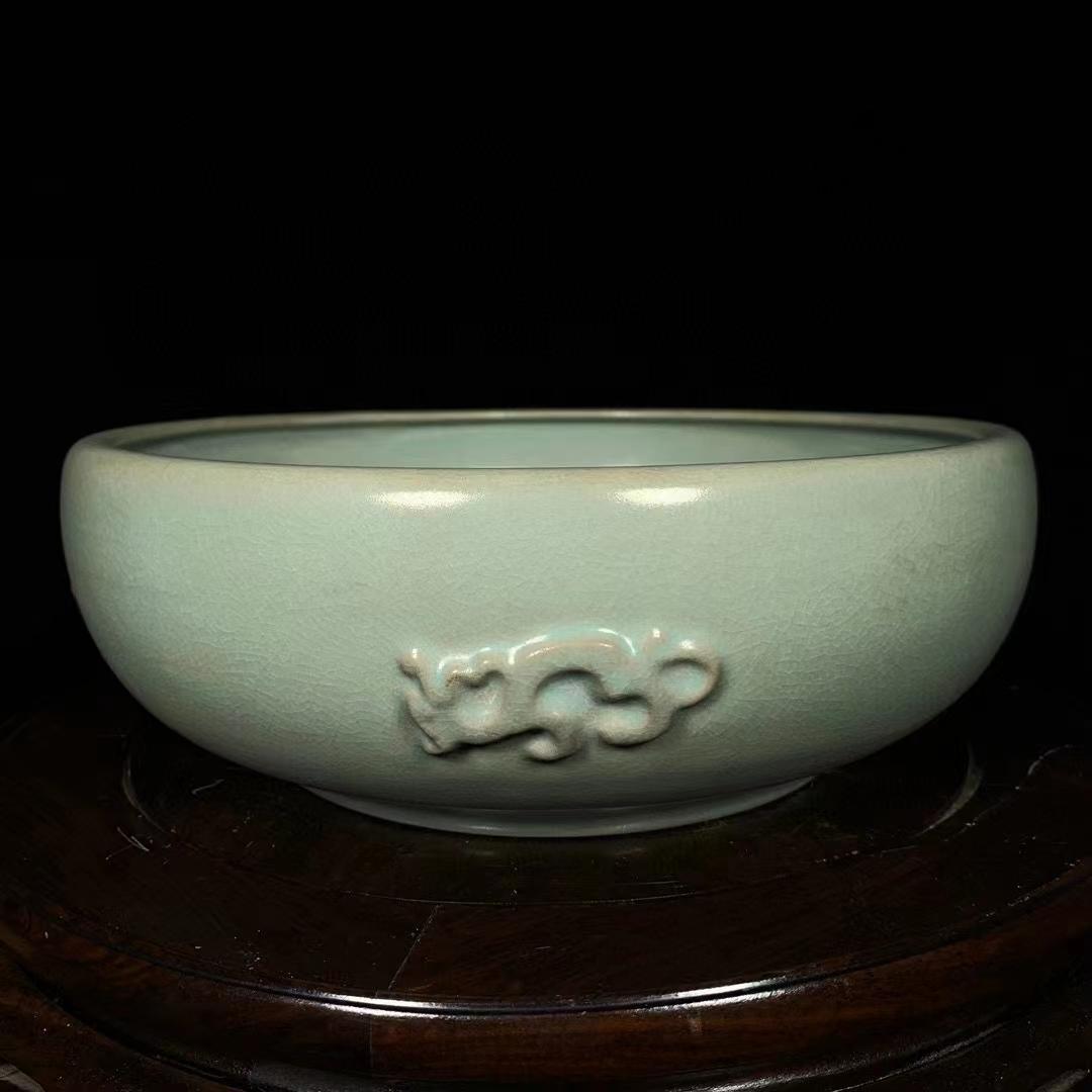 中国古美術・旧蔵の磁器・龍紋ペン洗い・26.5x9cm・置物・書・文房具・賞物