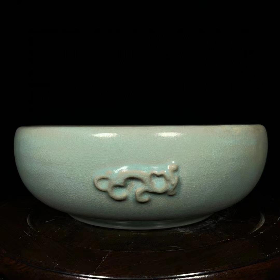 中国古美術・旧蔵の磁器・龍紋ペン洗い・26.5x9cm・置物・書・文房具・賞物